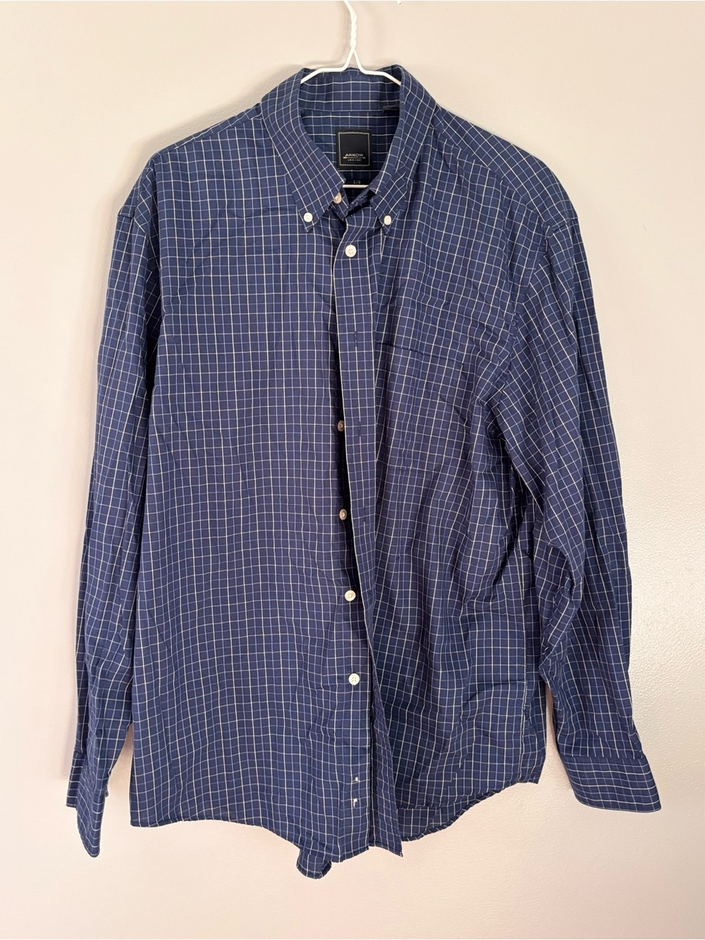 Arrow Men's Button-Down Long Sleeve Blue checked Shirt Pockets L 16-16 1/2.